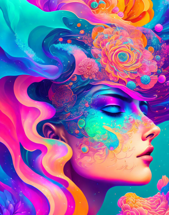 Colorful profile portrait of a woman with flowing, floral hair in a dreamy, psychedelic style