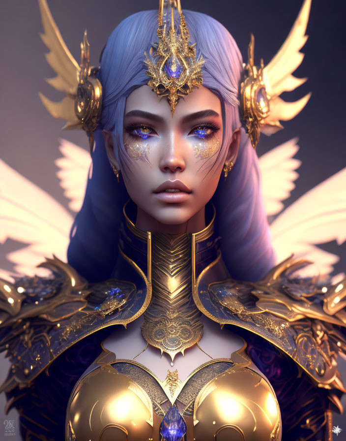 Purple-haired fantasy character in golden armor with winged headdress and blue gemstone.