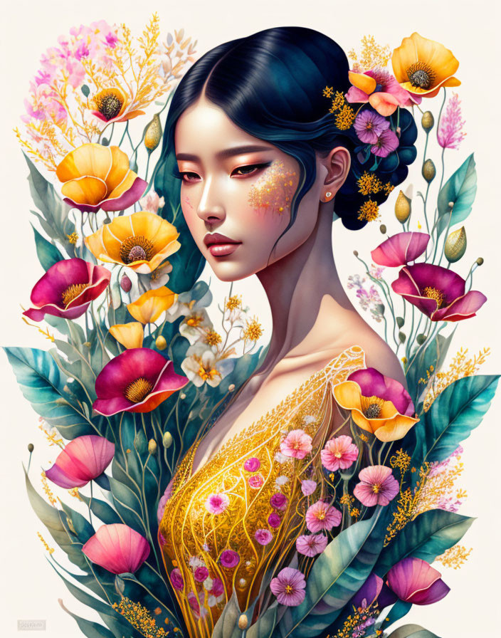 Vibrant Portrait of Woman in Golden Dress with Flowers