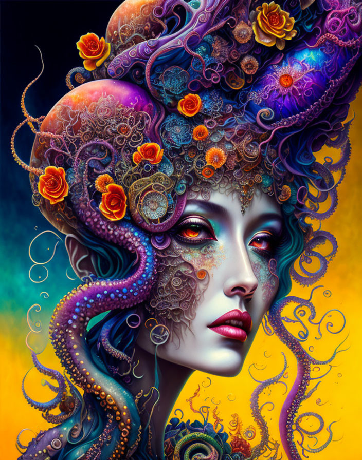 Colorful fantasy illustration: Woman with octopus tentacles and flowers in hair on vibrant background