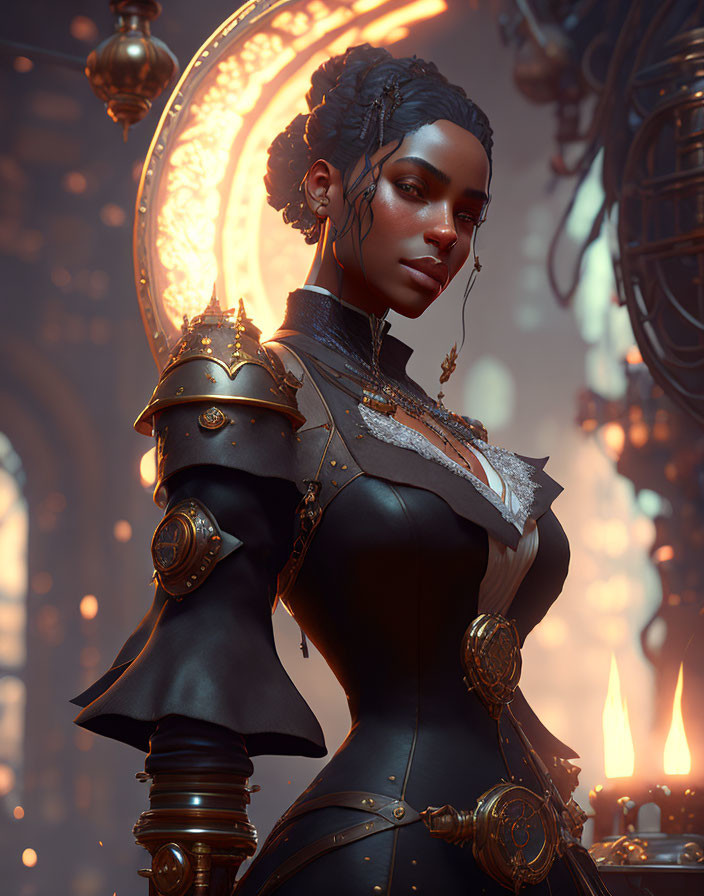 Regal woman with intricate braided hair and ornate armor in grand, dimly lit hall