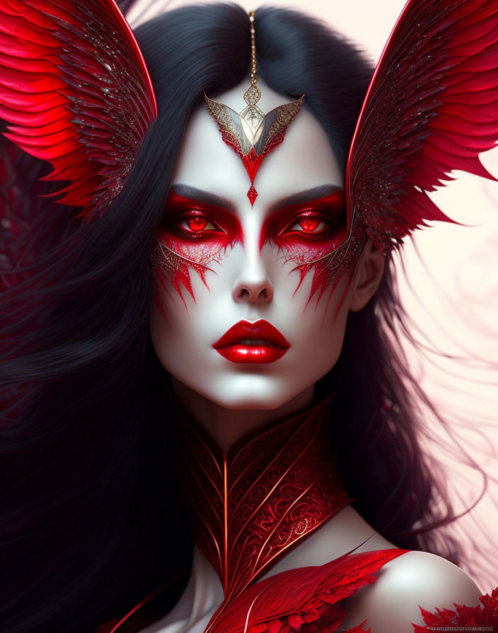 Fantasy illustration of woman with red eyes, winged eyeliner, gold jewelry, and feathered