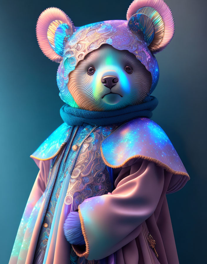 Colorful digital illustration: Bear with human-like features in celestial coat and scarf