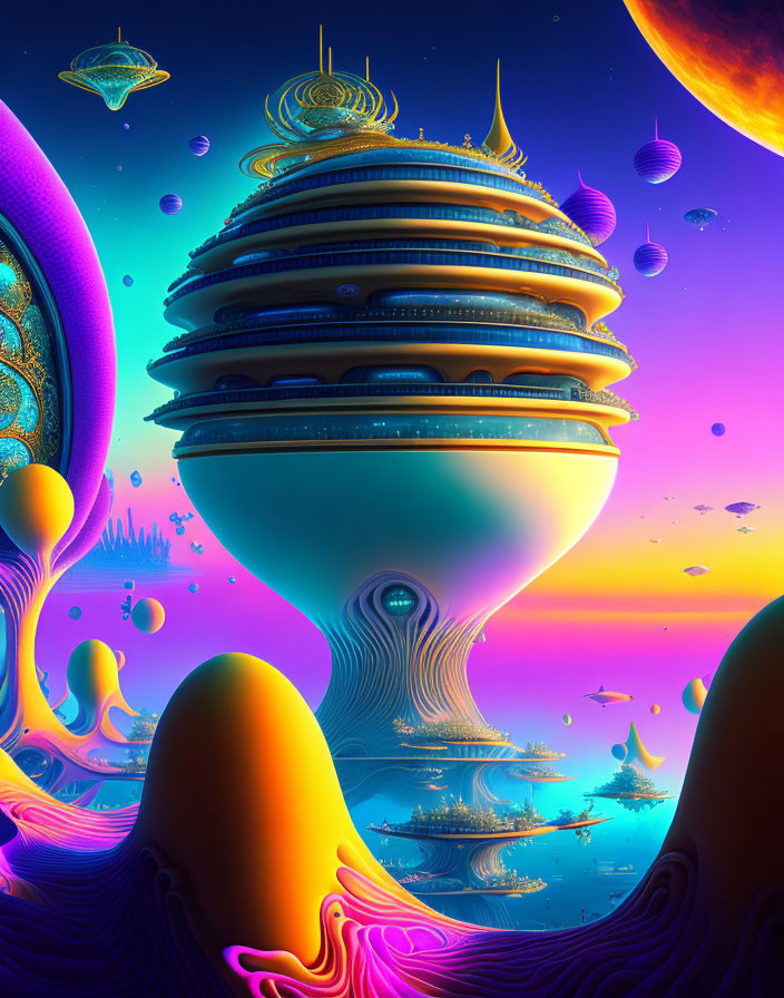 Colorful sci-fi landscape with spiraled structure, alien trees, and floating ships