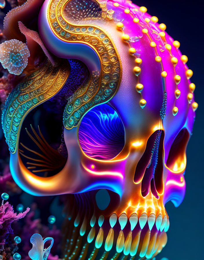 Colorful Psychedelic Skull with Ornate Patterns and Neon Colors