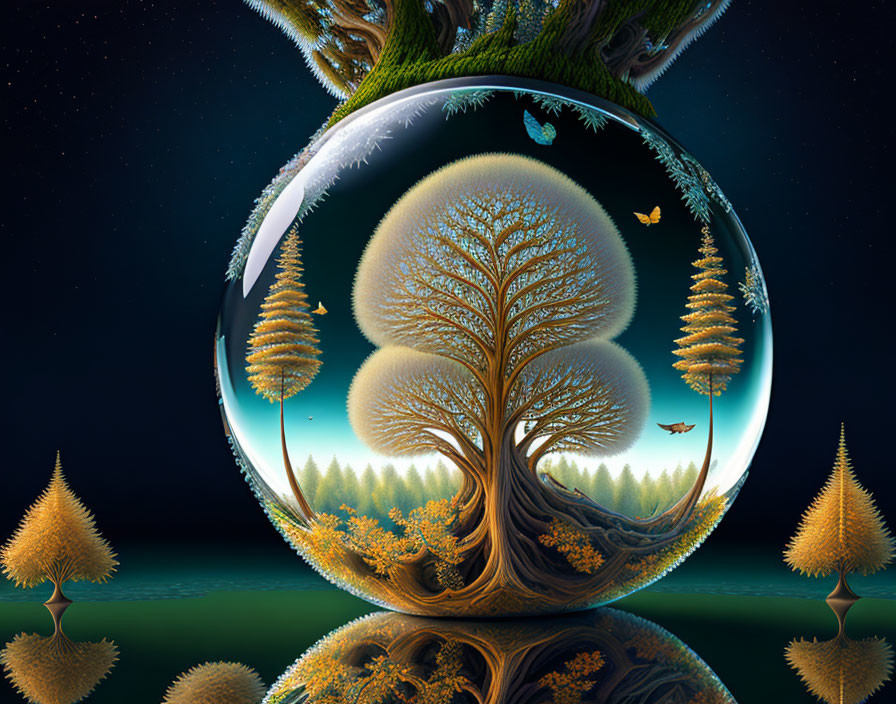 Serene Landscape in Glass Sphere with Golden Tree