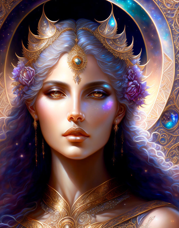 Silver-haired woman with moon crown and celestial background.