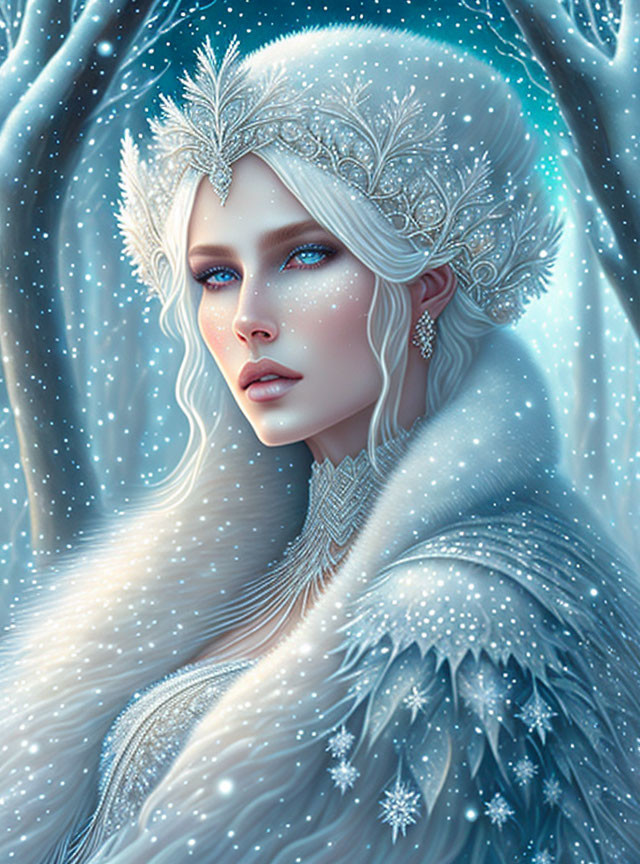 Fantasy illustration of woman with pale skin, blue eyes, white hair, crystal tiara, snowy