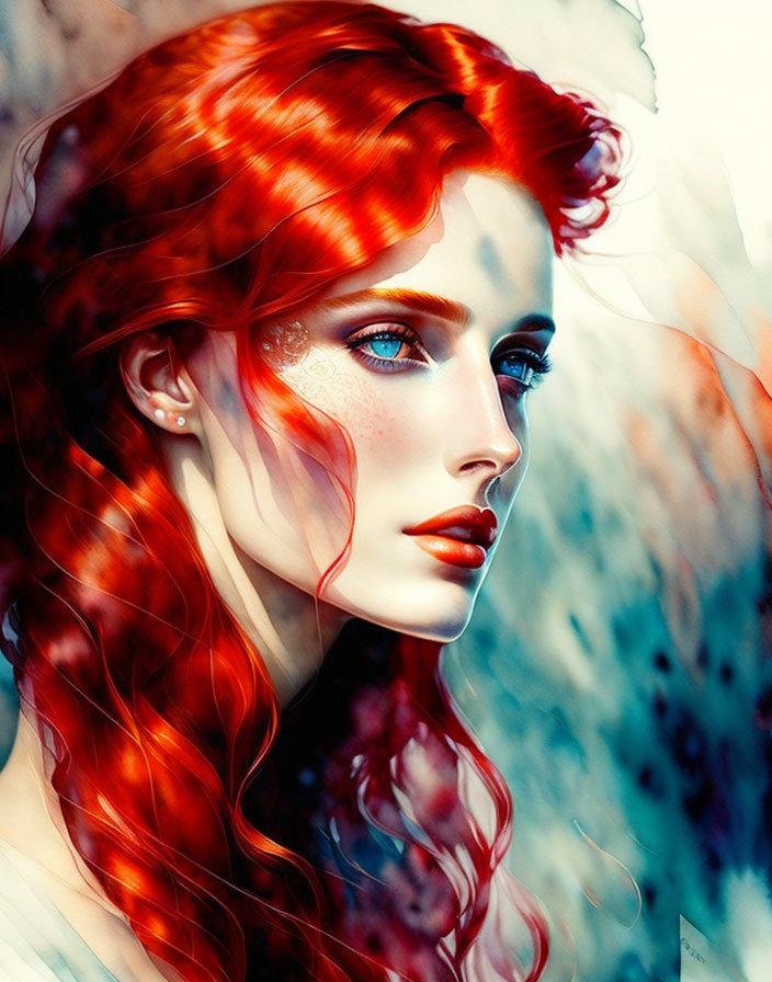 Vibrant red-haired woman with striking blue eyes and red lips in sunlight