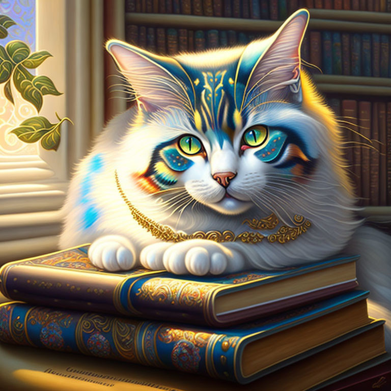 Colorful Cat Relaxing on Books in Sunlit Room