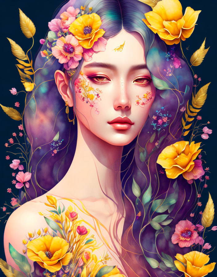 Portrait of a Young Woman with Floral Elements