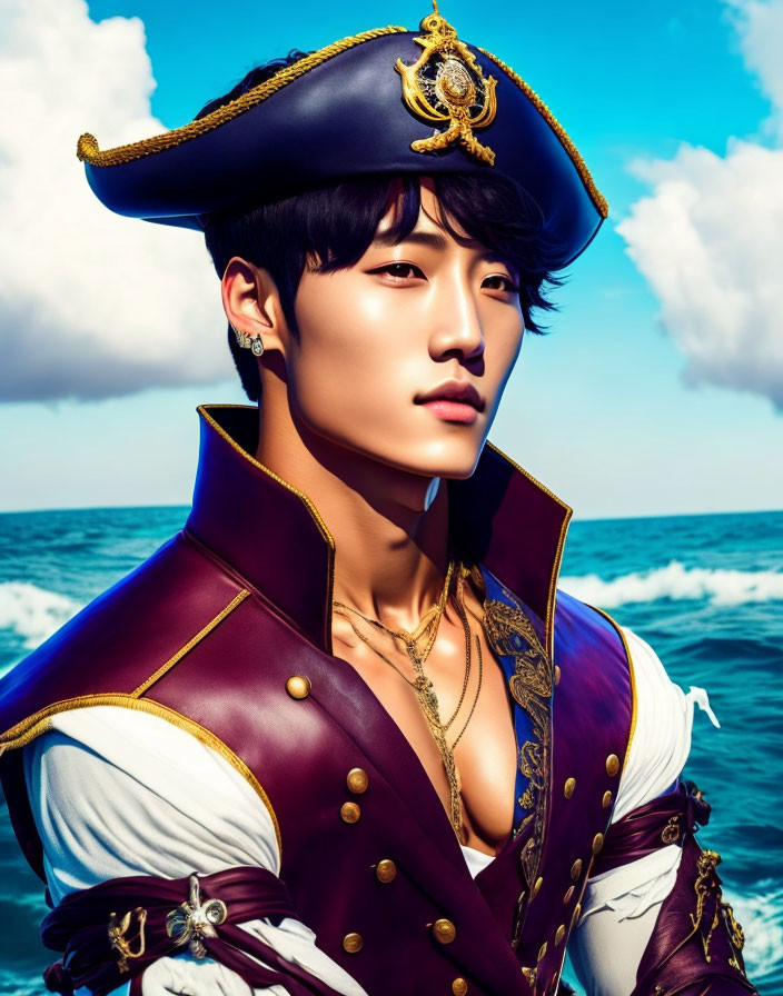 Young man in pirate outfit by vibrant ocean backdrop