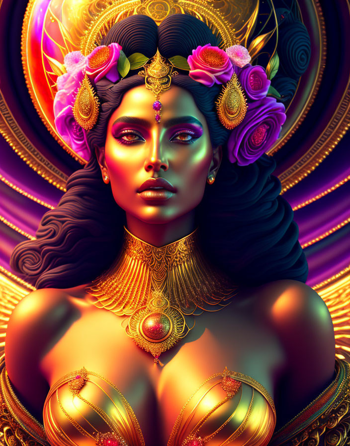 Digital art: Woman adorned in golden jewelry with purple roses headdress on swirling purple and gold backdrop