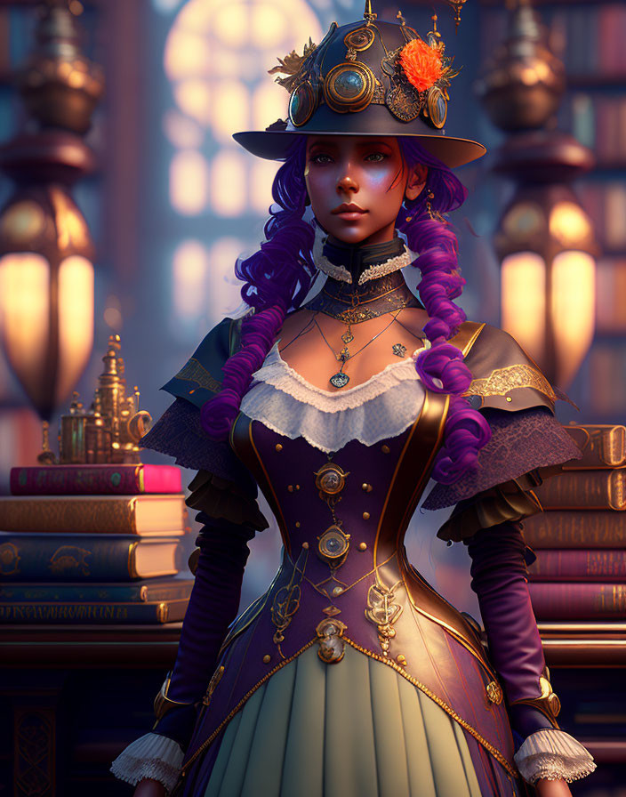 Victorian-inspired woman with steampunk aesthetic in purple hair and floral hat