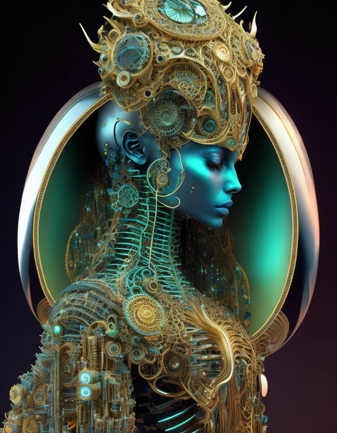 Futuristic humanoid figure with golden mechanical details