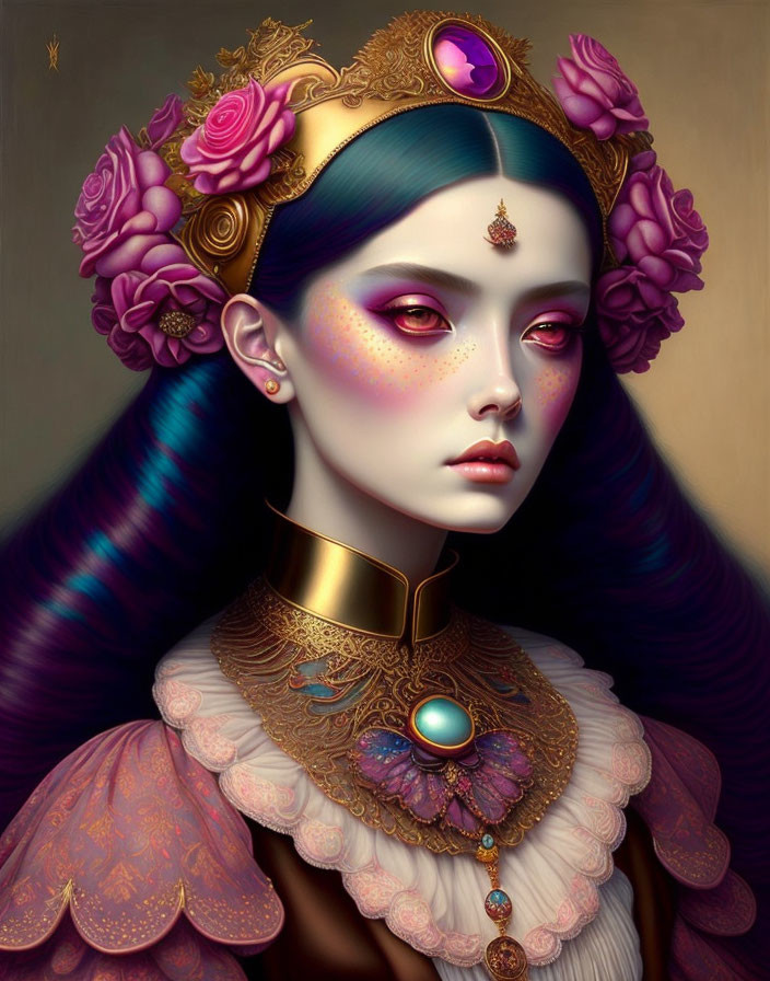 Portrait of a woman with golden headwear, roses, regal collar, and gemstone jewelry on
