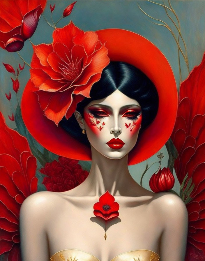 Striking Woman in Bold Red Makeup and Floral Accents