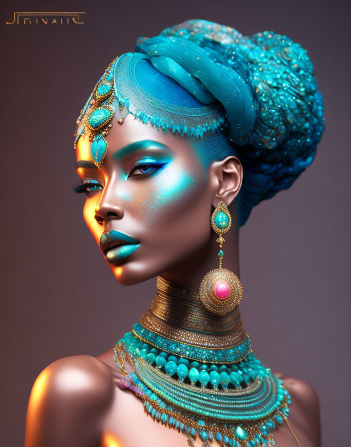 Elegant model with turquoise makeup, headwrap, gold & turquoise jewelry