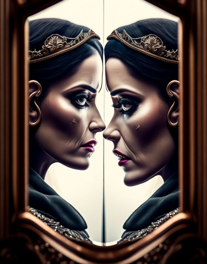 Dark-haired woman in tiara with symmetrical reflection in mirror