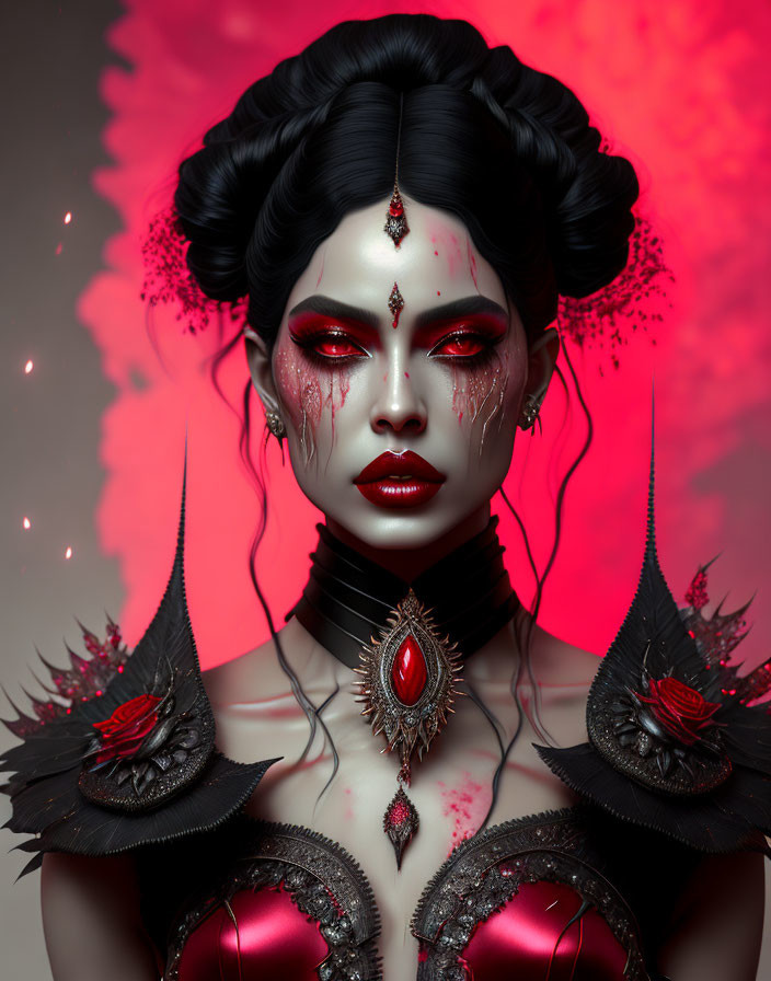 Gothic fantasy figure with black hair, red eyes, dramatic makeup, and red jewels on red