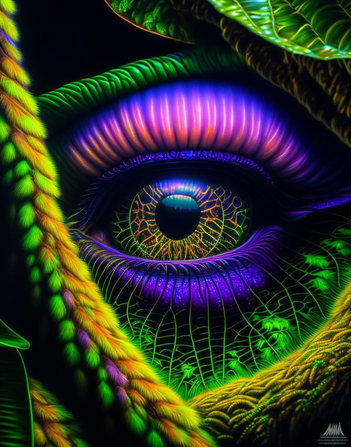 Colorful digital artwork: Detailed eye in neon organic patterns