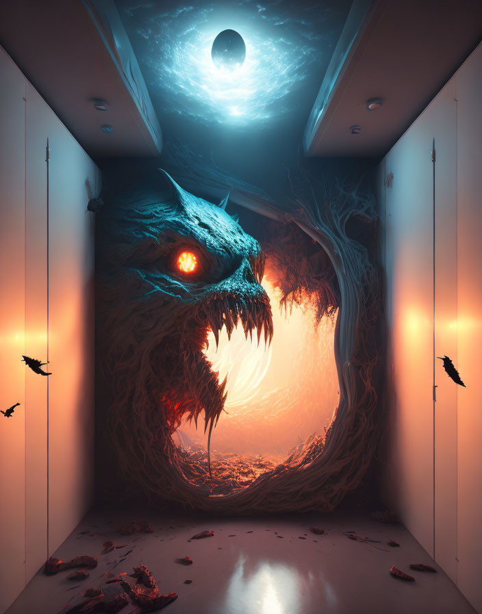 Surreal Corridor with Monstrous Face and Eerie Glow