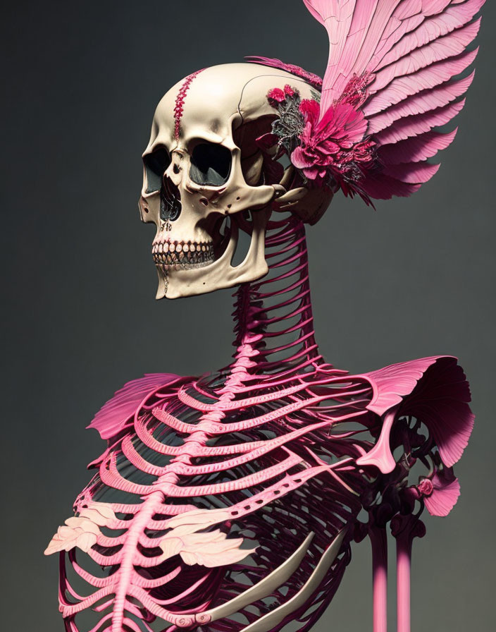 Surreal human skeleton with pink wing and bones, adorned with flower