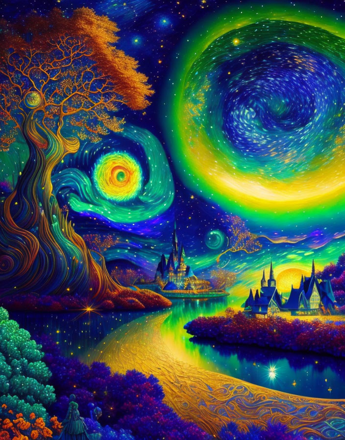 Fantasy landscape with starry sky, Van Gogh-style tree, castles, and cosmic river