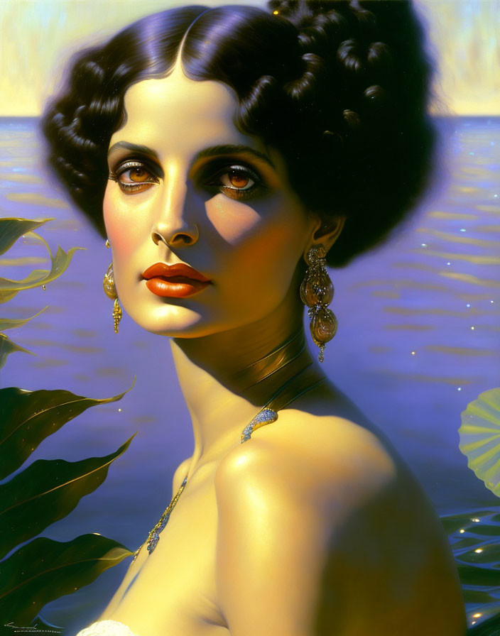 Detailed painting of woman with elegant hairstyle, earrings, necklace, water and foliage background