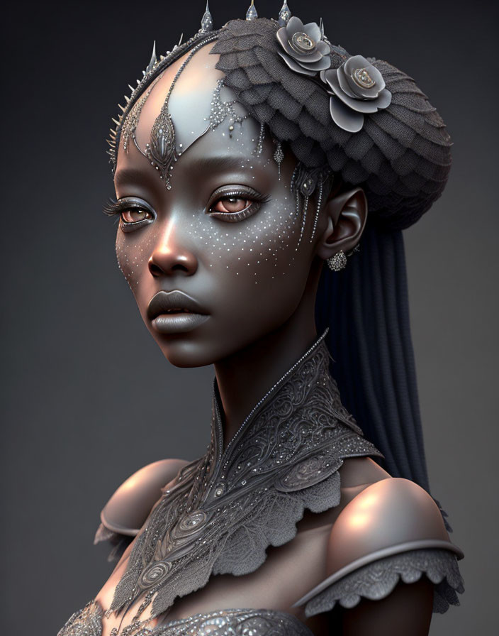 Digital artwork of woman with silver face embellishments, dark skin, braided hair, and ornate