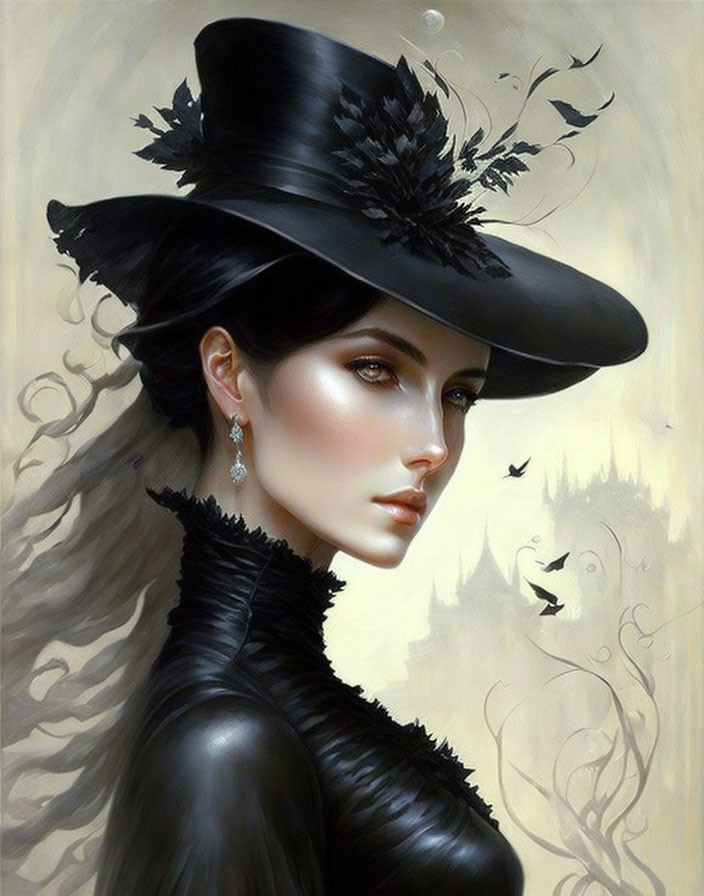 Elegant Portrait of Woman in Black Hat with Feathers