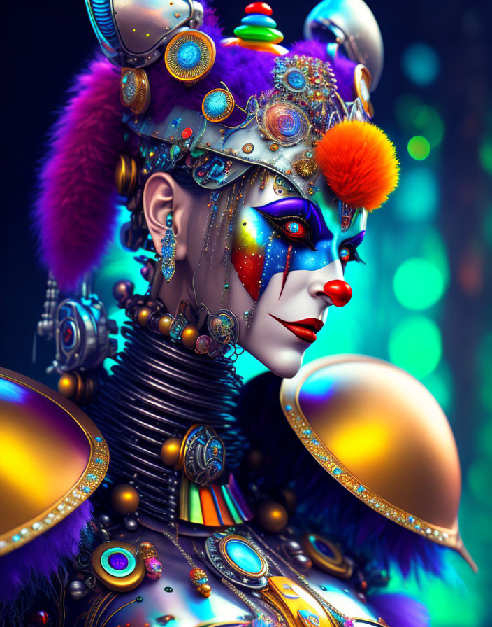 Colorful portrait of person with artistic makeup and futuristic headdress with feathers and ornaments on bokeh light