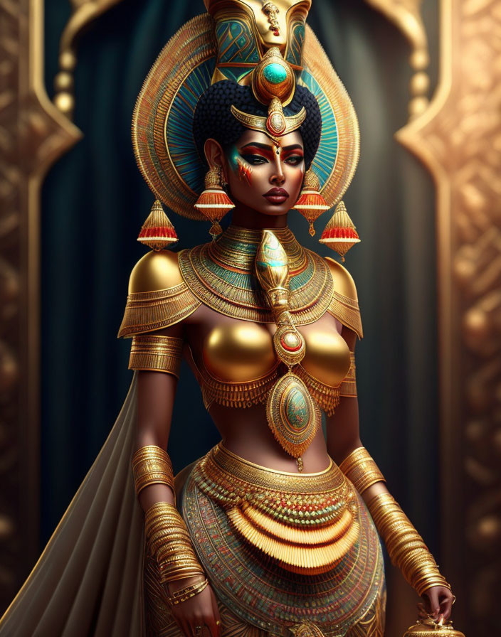 Regal figure in Egyptian-inspired headdress and armor with detailed jewelry and stern expression.