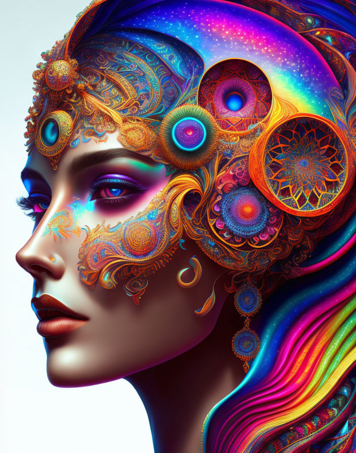 Colorful digital artwork of woman's profile with intricate cosmic designs