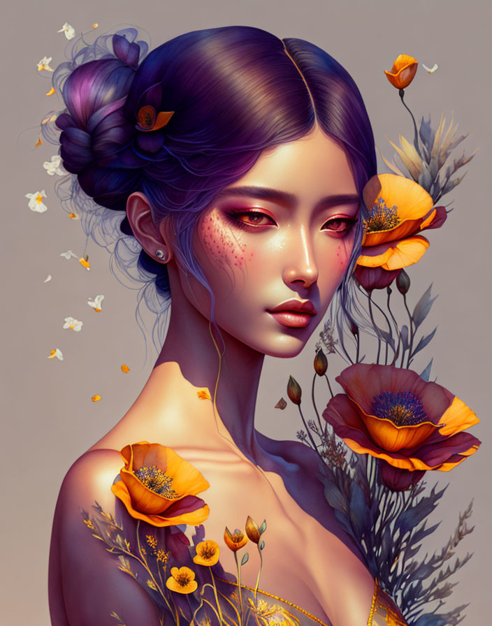 Portrait of a woman with flowers and serene expression