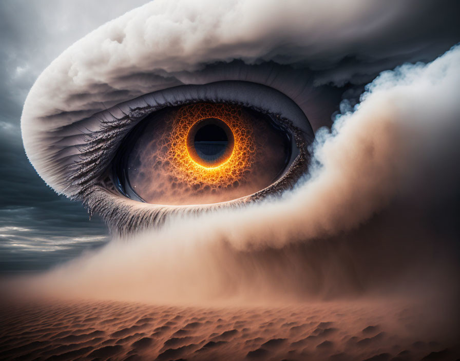 Surreal Eye in Dramatic Cloud and Sandy Landscape