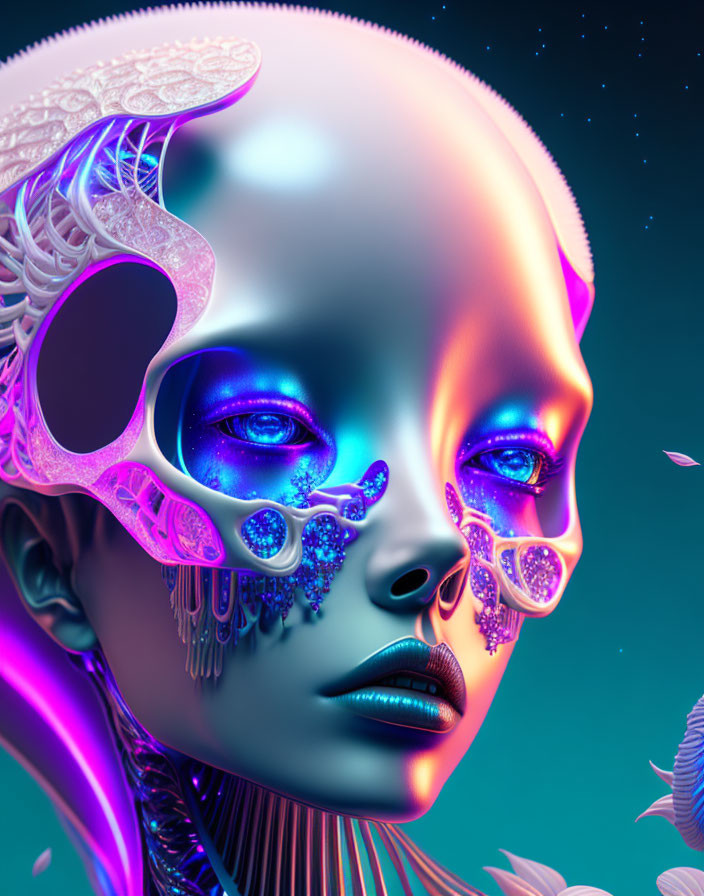 Colorful digital artwork: Alien humanoid with glowing purple features on starry background