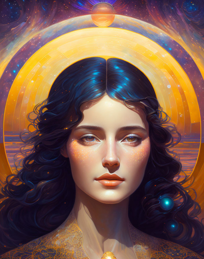 Stylized portrait of a woman with dark hair and celestial motifs