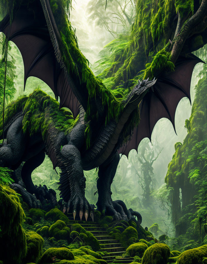 Majestic Black Dragon in a Mystical Forest Setting