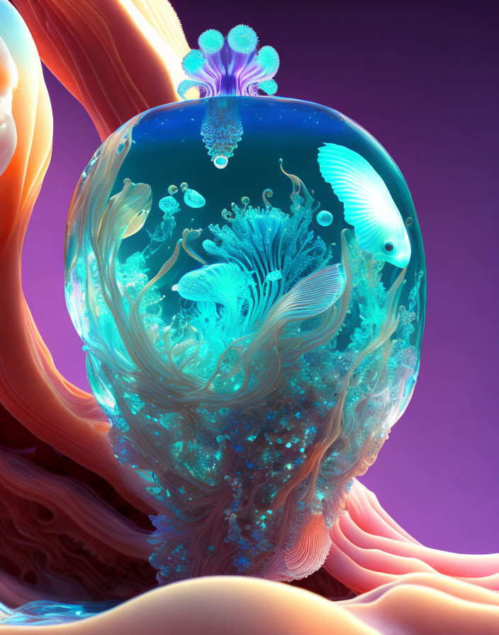 Colorful Surreal Aquarium Artwork with Jellyfish and Fish