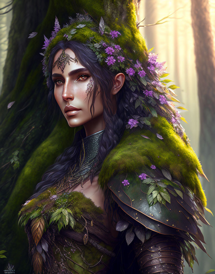 Female elf with violet eyes in nature-inspired armor in mystical forest