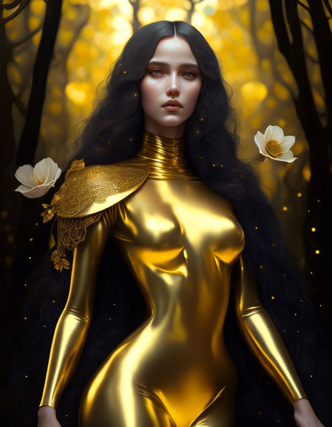 Golden Figure in Ethereal Forest with Floral Accents