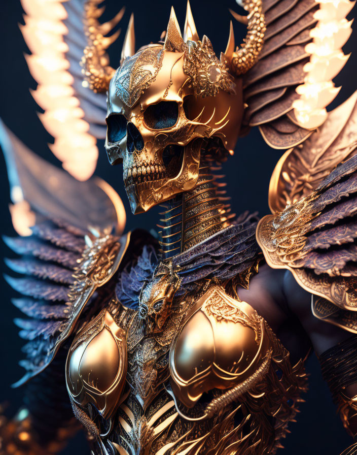 Fantasy illustration of skull-headed figure in golden armor with dragon motifs & feathered wings