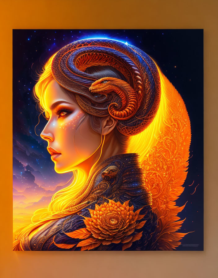 Digital portrait of a woman with golden feathery wing and ornate snake-like designs in starry