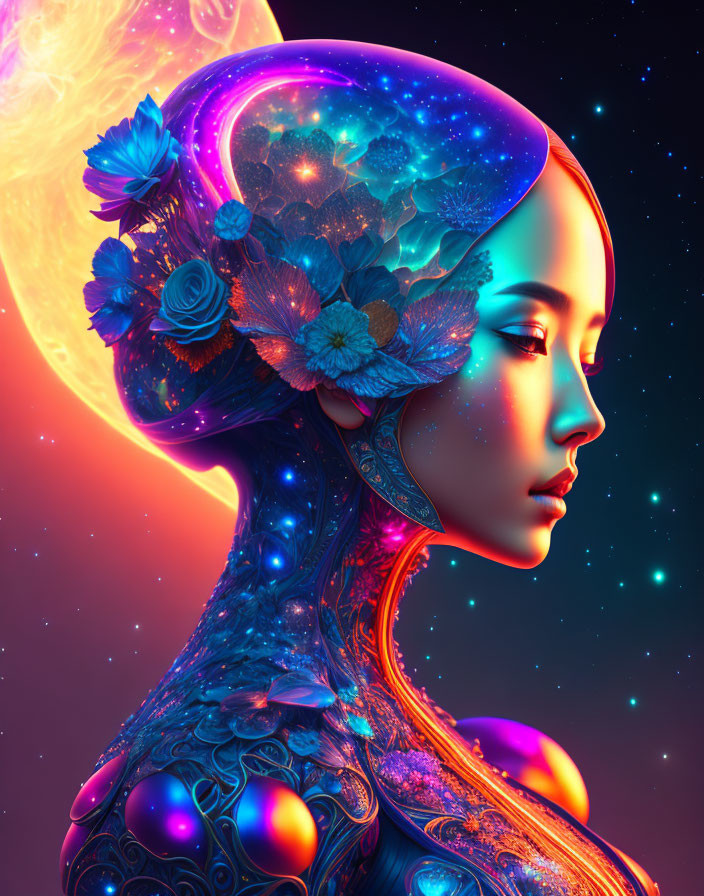 Digital artwork: Woman with translucent head filled with flowers, space, and stars against cosmic backdrop.