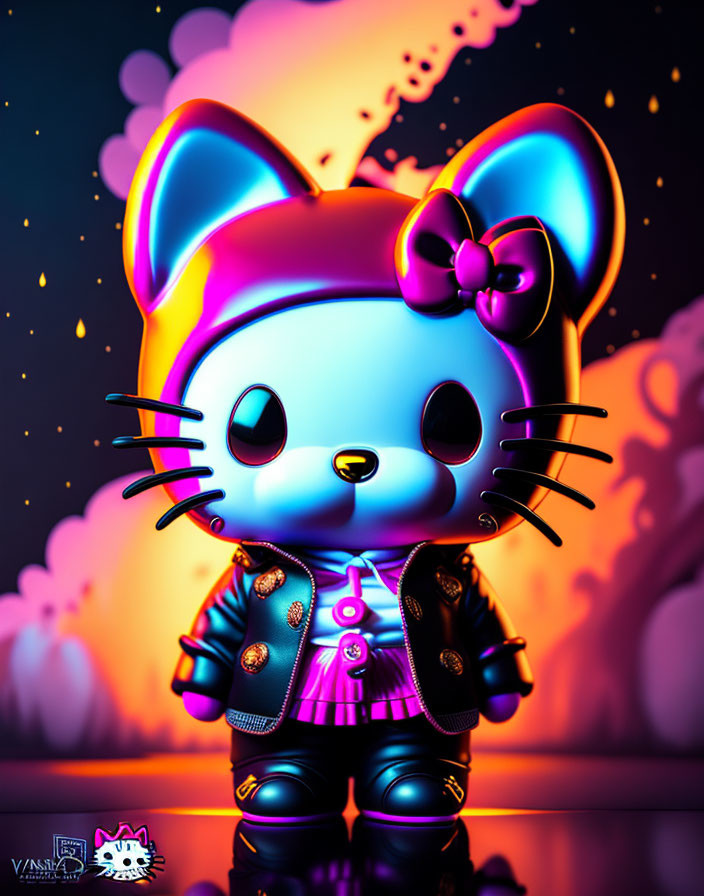 Vivid anthropomorphic kitten character with bow and jacket on fiery backdrop