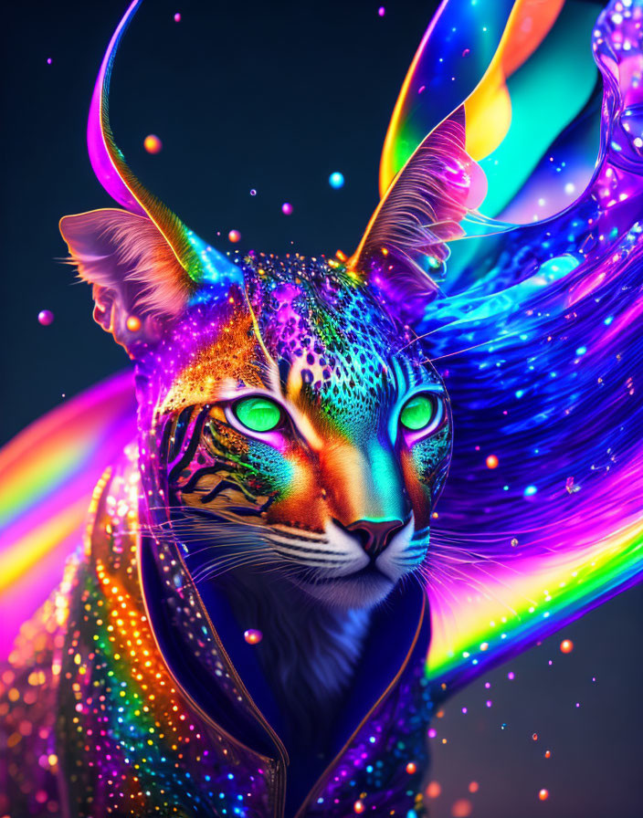 Vibrant digital art: mystical feline with iridescent fur & neon ribbons.