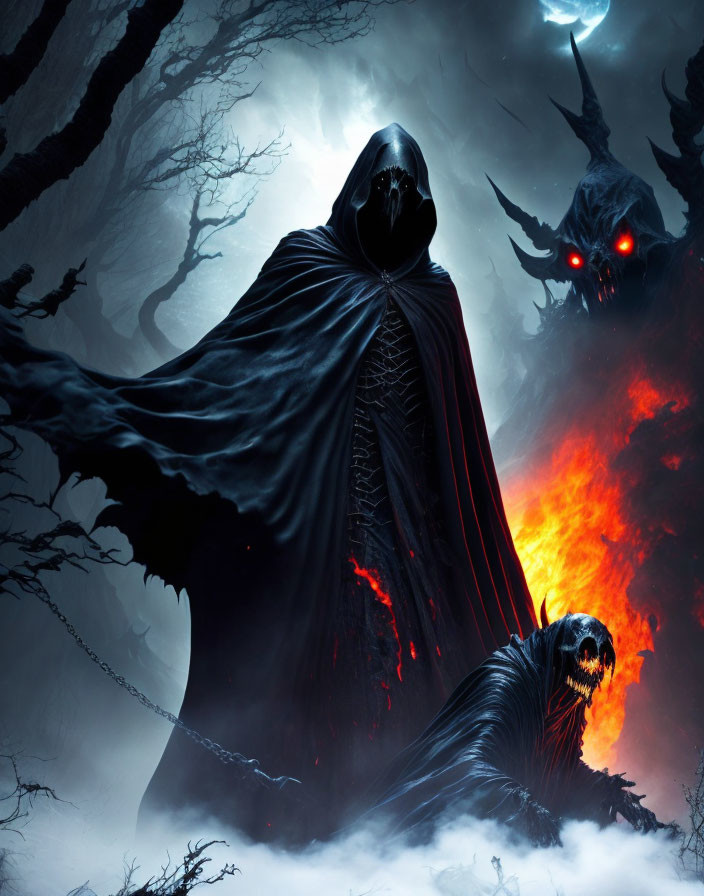 Cloaked figure in eerie landscape with red eyes, fiery pit, and skull