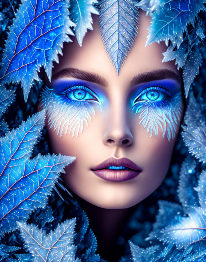 Portrait of Person with Striking Blue Eyes and Fantasy Ice-Themed Aesthetic