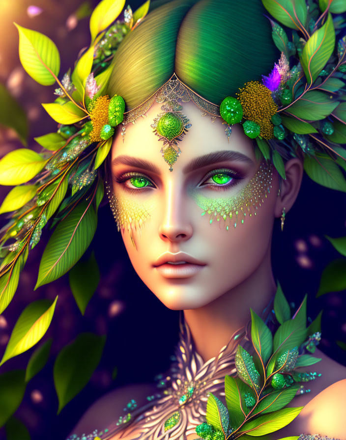 Digital artwork of woman with green leafy crown and floral makeup on dark background